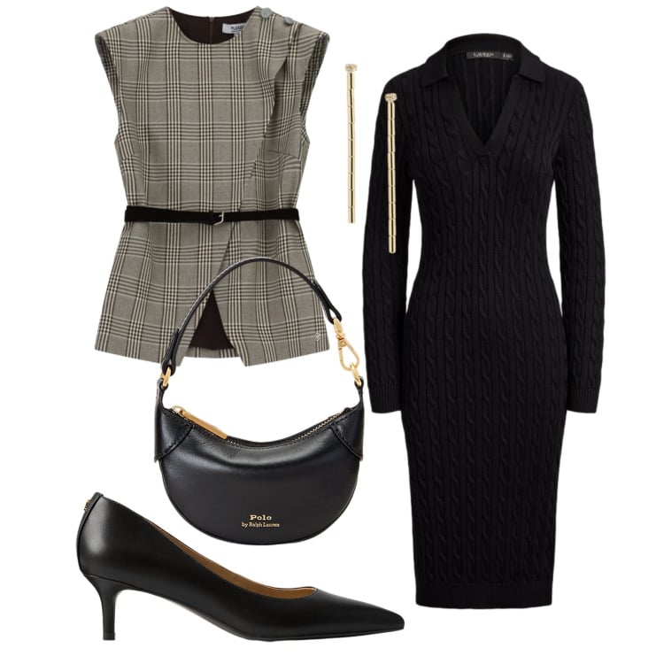 Outfit donna - Total look #2464636. Stile Chic per Ufficio. Abbinamento con gilet, portafogli, décolleté, orecchini, vestiti midi/longuette.
