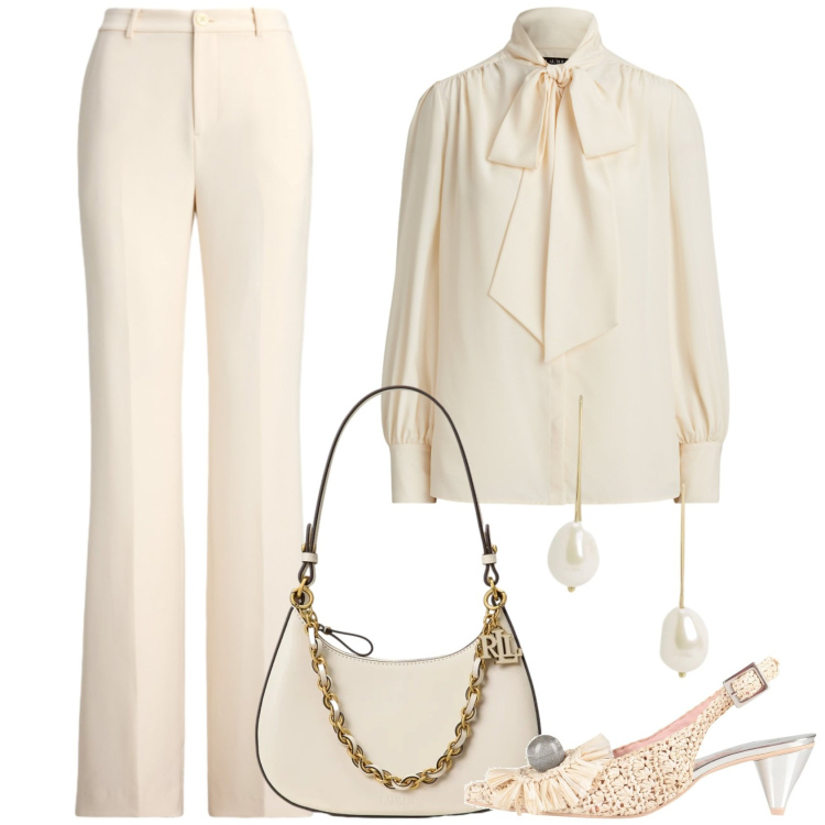 Outfit donna - Avorio. Stile Chic per Cerimonia. Abbinamento con décolleté, camicie, pantaloni, borse a spalla, orecchini.
