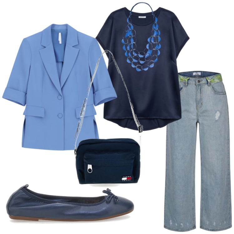 Outfit donna - Total look #2464651. Stile Trendy per Ufficio. Abbinamento con blazer, jeans strappati, bluse, collane, borse a tracolla, ballerine.