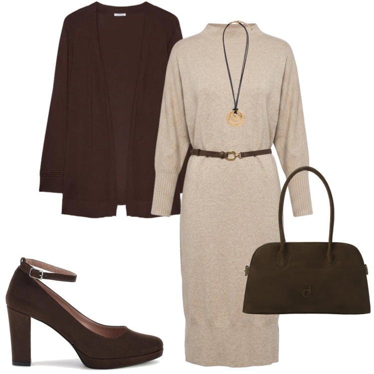 Outfit donna - Fall collection. Stile Bon Ton per Ufficio. Abbinamento con borse a spalla, cardigans, ciondoli, vestiti midi/longuette, décolleté.