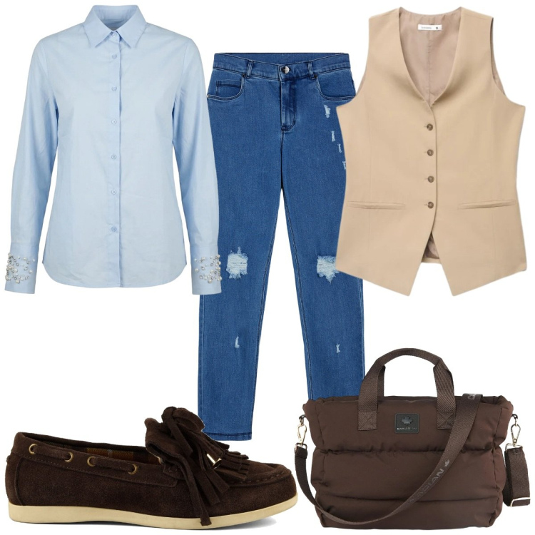 Outfit donna - Back to School in jeans e mocassini. Stile Casual per Scuola/Università. Abbinamento con gilet, jeans skinny, camicie, borse tote, mocassini.