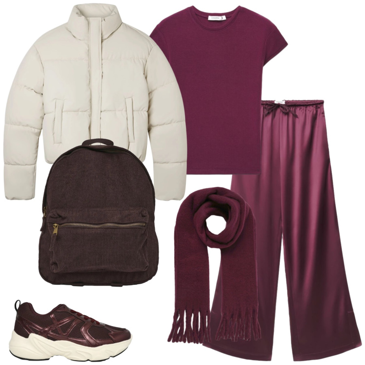 Outfit donna - Total look #2464656. Stile Sporty chic per Tutti i giorni. Abbinamento con sneakers, pantaloni a palazzo, t-shirt, bomber, zaini, sciarpe.