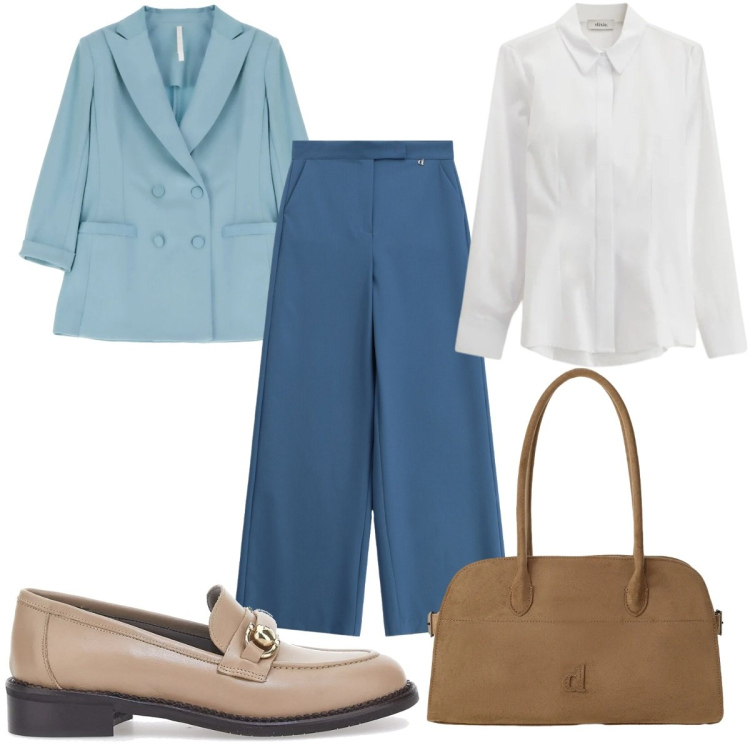 Outfit donna - Back to Office: in blu. Stile Mannish per Ufficio. Abbinamento con blazer, borse a spalla, camicie, pantaloni a palazzo, mocassini.