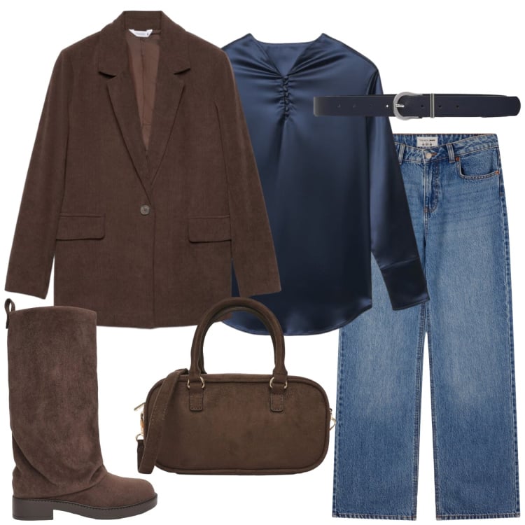 Outfit donna - Total look #2464658. Stile Casual per Tutti i giorni. Abbinamento con blazer, bluse, stivali, jeans, borse a tracolla, cinture.