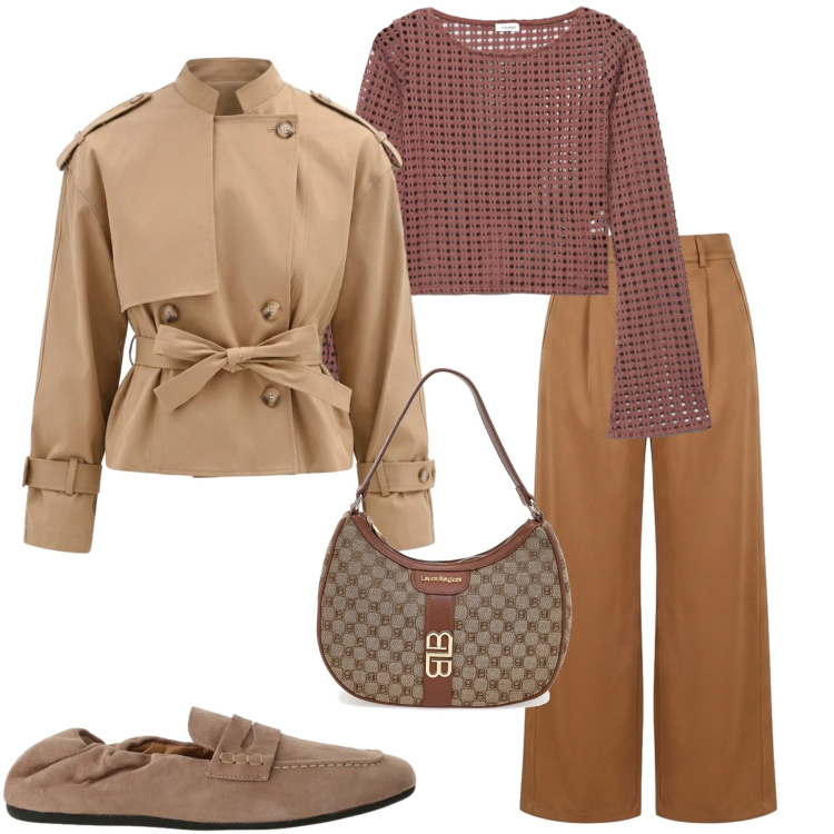 Outfit donna - Fall collection. Stile Urban per Tutti i giorni. Abbinamento con mocassini, maglieria, pantaloni a palazzo, trench, borse a spalla.
