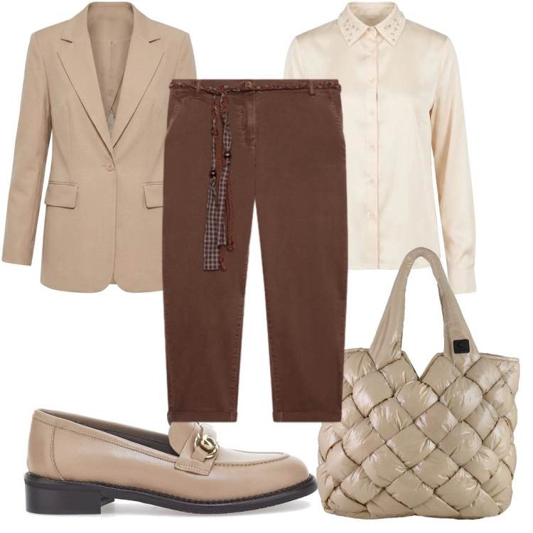 Outfit donna - Back to Office Chic. Stile Mannish per Ufficio. Abbinamento con blazer, pantaloni chino, borse tote, camicie, mocassini.