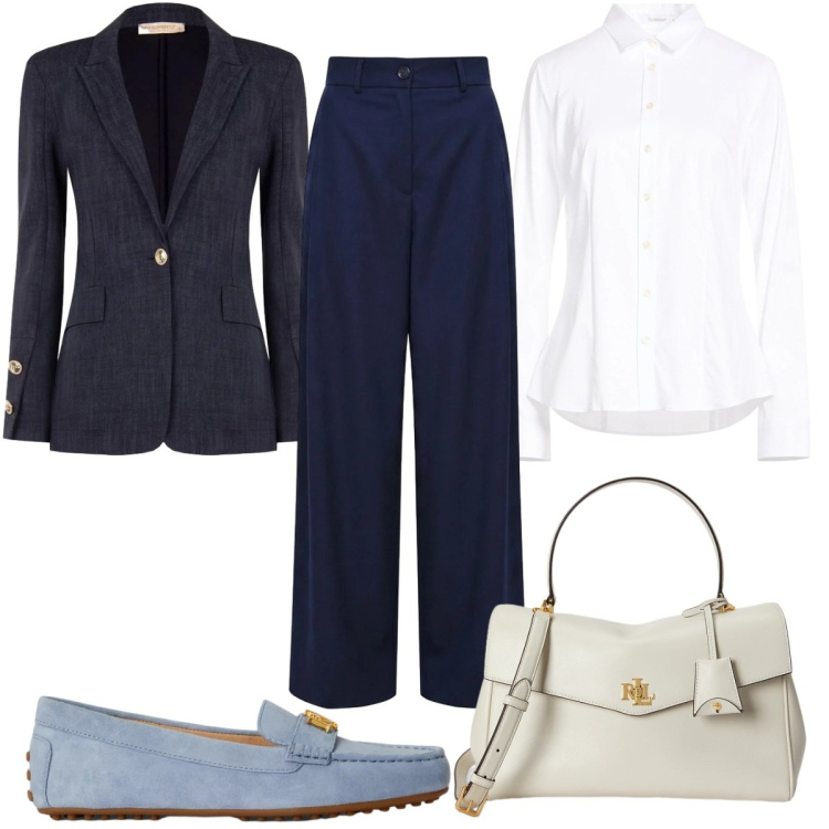 Outfit donna - Back to Office Chic in blu. Stile Chic per Ufficio. Abbinamento con camicie, pantaloni a palazzo, blazer, mocassini, borse a mano.