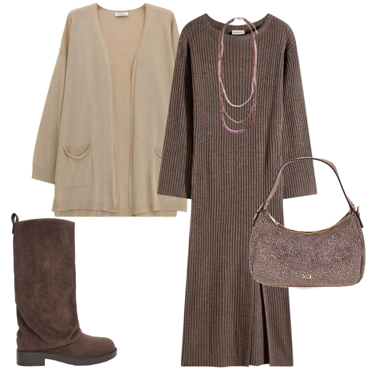 Outfit donna - Fall collection. Stile Casual chic per Tutti i giorni. Abbinamento con vestiti, cardigans, stivali, collane, borse a tracolla.