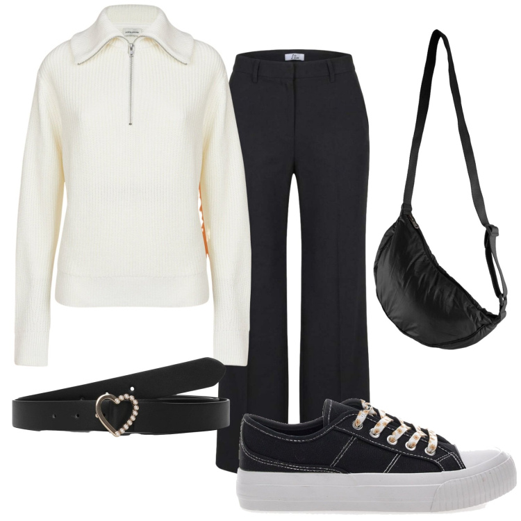 Outfit donna - In saldi. Stile Casual per Tutti i giorni. Abbinamento con maglieria, cinture, pantaloni a palazzo, borse sportive, sneakers.