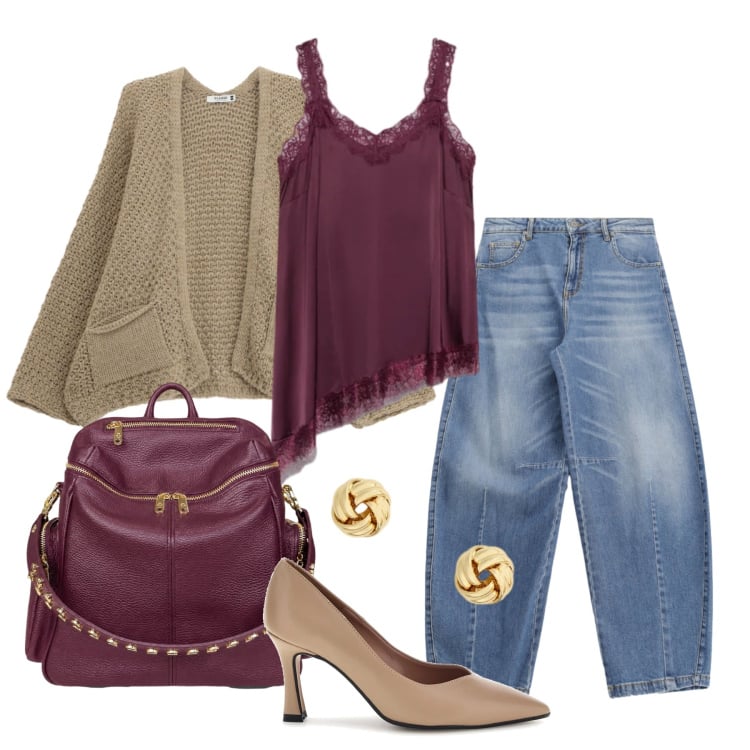 Outfit donna - Settembre. Stile Casual chic per Tutti i giorni. Abbinamento con jeans, cardigans, top, zaini, orecchini, décolleté.