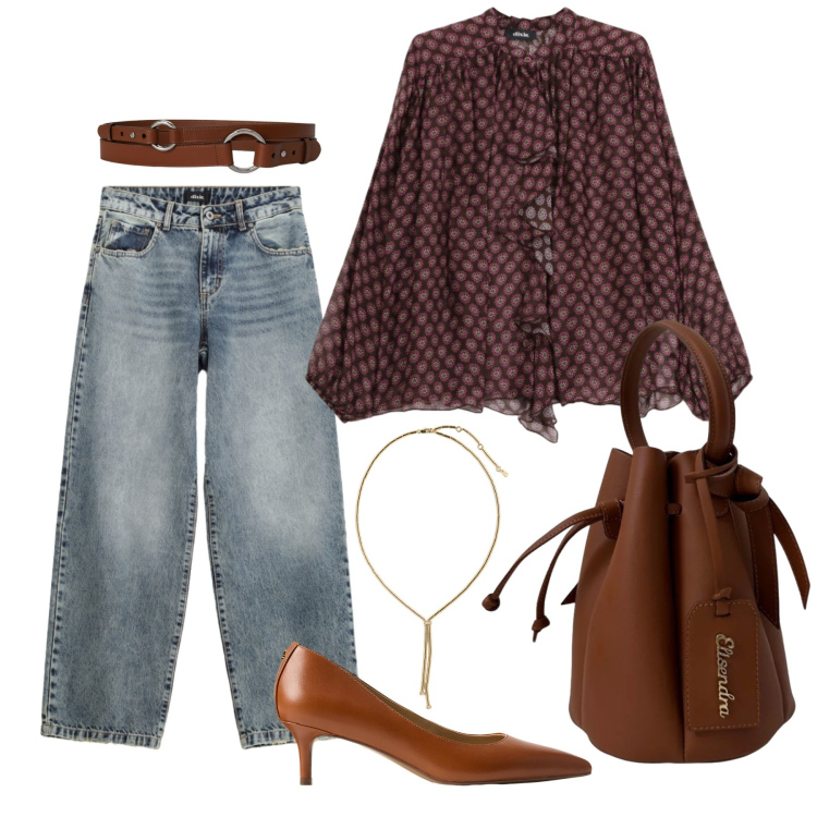Outfit donna - Settembre. Stile Casual chic per Tutti i giorni. Abbinamento con bluse, jeans dritti, borse a secchiello, collane, décolleté, cinture.