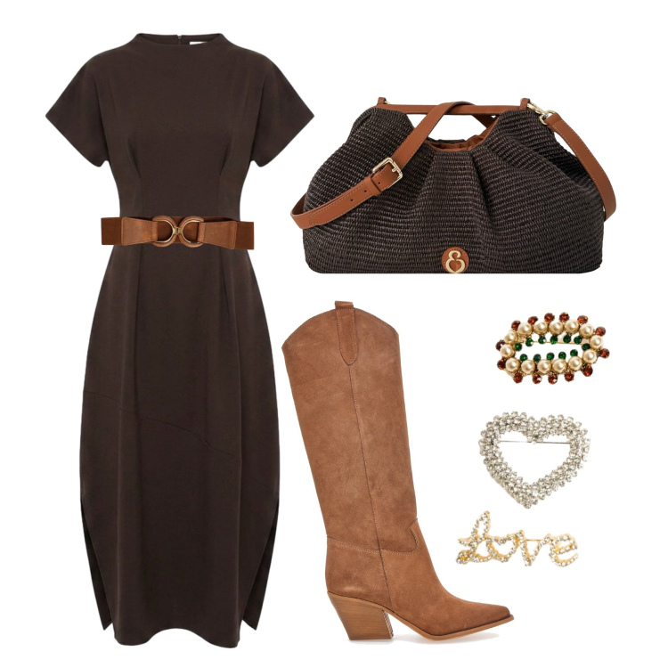 Outfit donna - Settembre. Stile Trendy per Tutti i giorni. Abbinamento con clutch, vestiti lunghi, cinture, accessori per capelli, stivali.