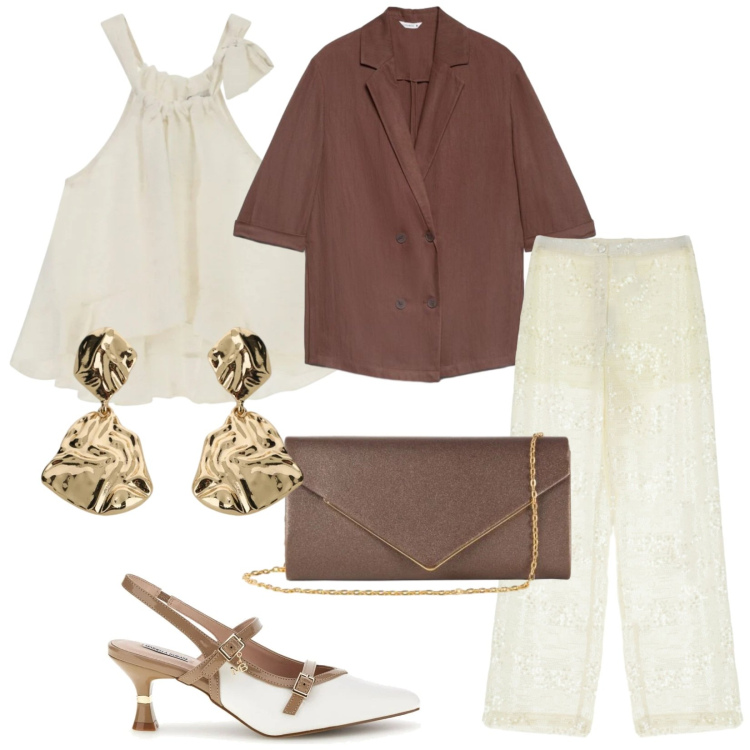 Outfit donna - Cerimonia in avorio. Stile Boho per Cerimonia. Abbinamento con pantaloni a palazzo, top, orecchini, blazer, clutch, décolleté.