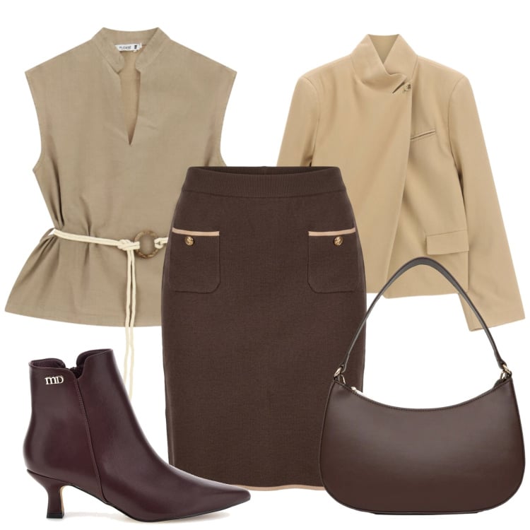 Outfit donna - Toni autunnali. Stile Basic per Ufficio. Abbinamento con blazer, borse a tracolla, camicie, gonne, stivaletti.