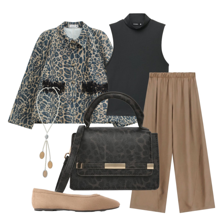 Outfit donna - Settembre. Stile Casual chic per Tutti i giorni. Abbinamento con ballerine, pantaloni a palazzo, collane, top, borse a tracolla, blazer.