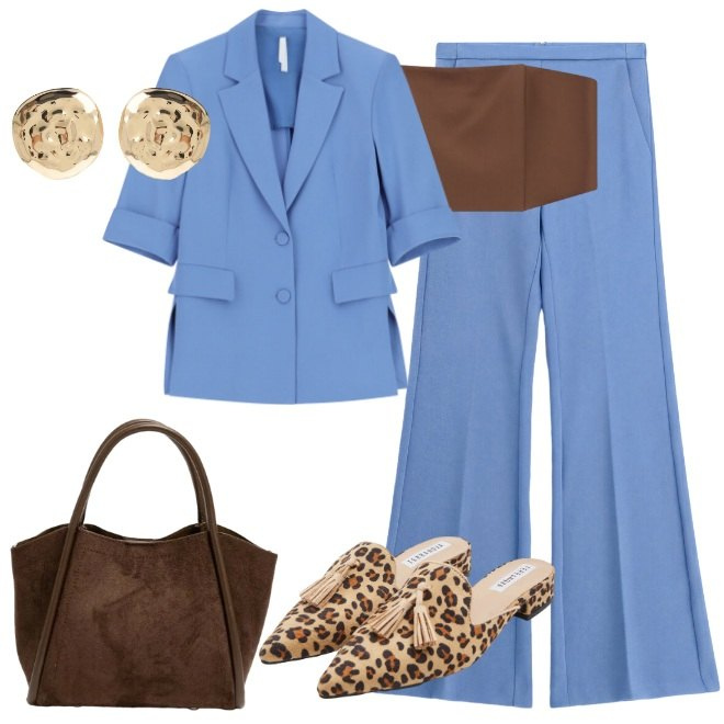 Outfit donna - Aperitivo al rientro in città. Stile Urban per Serata fuori. Abbinamento con pantaloni, blazer, top, orecchini, sabot, borse a spalla.