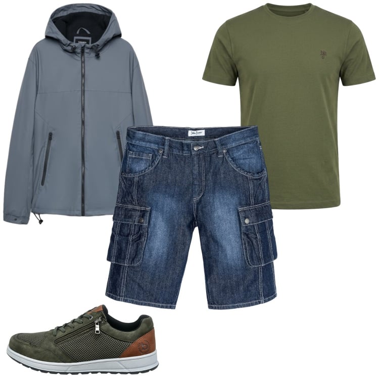 Outfit uomo - Giro in montagna. Stile Casual per Tutti i giorni. Abbinamento con bermuda, t-shirt, giacche, sneakers.