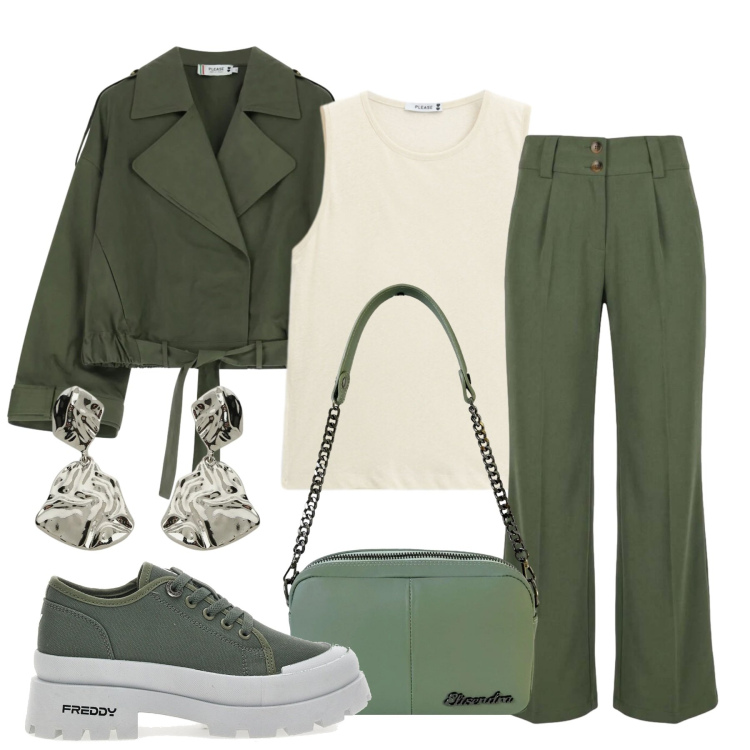 Outfit donna - Benvenuto settembre. Stile Basic per Tutti i giorni. Abbinamento con orecchini, pantaloni, parka, top, borse a tracolla, sneakers alte.
