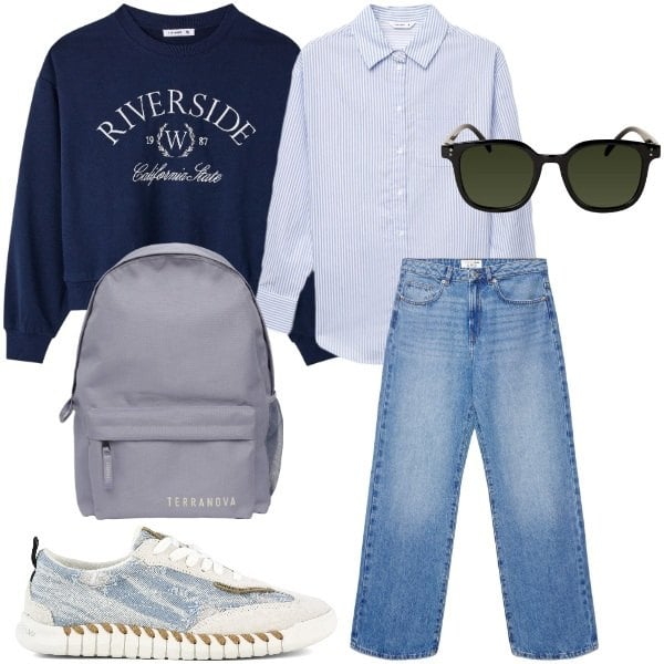 Outfit donna - ack to Campus: Felpa Varsity & Denim. Stile Casual chic per Scuola/Università. Abbinamento con jeans dritti, zaini, felpe, camicie, occhiali da sole, sneakers.