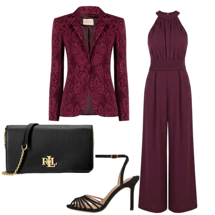 Outfit donna - Serata importante. Stile Chic per Serata fuori. Abbinamento con tute, blazer, borse a tracolla, sandali col tacco.