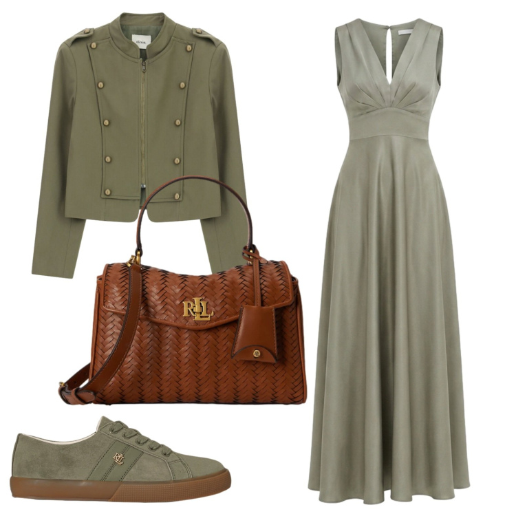 Outfit donna - Abito lungo e sneakers. Stile Casual chic per Tutti i giorni. Abbinamento con blazer, vestiti lunghi, sneakers, borse a mano.