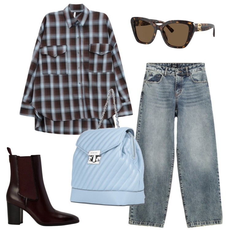 Outfit donna - Casual al lavoro. Stile Urban per Ufficio. Abbinamento con zaini, camicie, jeans dritti, occhiali da sole, stivaletti.