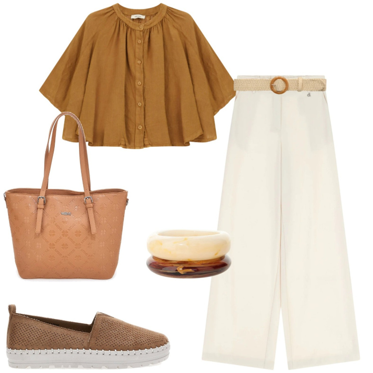 Outfit donna - Inizio settembre. Stile Casual per Tutti i giorni. Abbinamento con pantaloni a palazzo, camicie, braccialetti, cinture, borse a tracolla, mocassini.