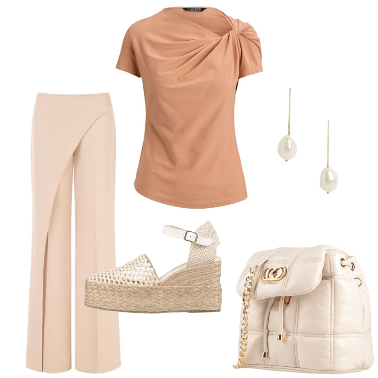 Outfit donna - Serate di fine estate. Stile Chic per Serata fuori. Abbinamento con espadrillas, valigie, pantaloni, t-shirt, orecchini.
