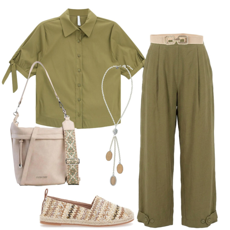 Outfit donna - Casual. Stile Casual per Tutti i giorni. Abbinamento con borse a tracolla, camicie a manica corta, collane, pantaloni, espadrillas, cinture.