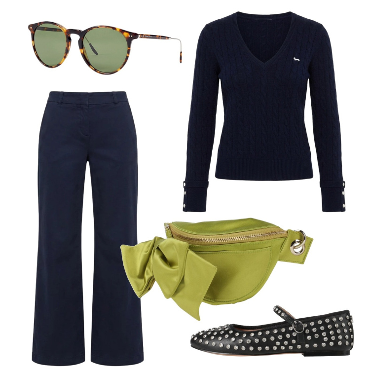Outfit donna - La ballerina borchiata. Stile Minimal per Ufficio. Abbinamento con ballerine, marsupi, pantaloni, maglieria, occhiali da sole.