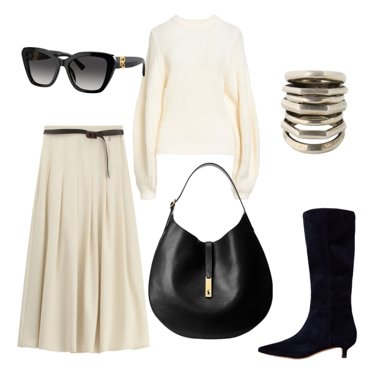 Outfit donna - Autunno in chiaro. Stile Glamour per Tutti i giorni. Abbinamento con pullovers, gonne lunghe, borse a spalla, occhiali da sole, anelli, stivali.