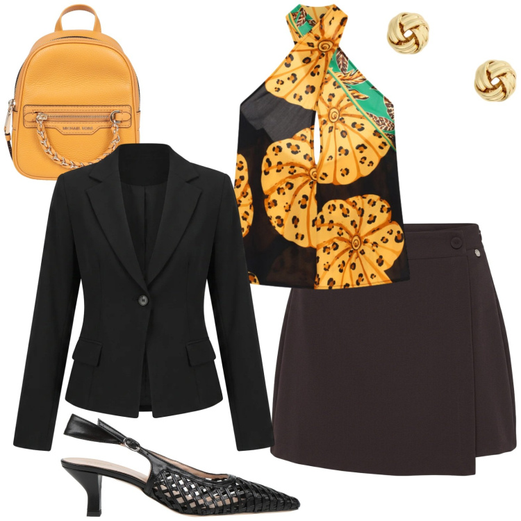 Outfit donna - Settembre. Stile Casual chic per Tutti i giorni. Abbinamento con zaini, décolleté, top, gonne, blazer, orecchini.