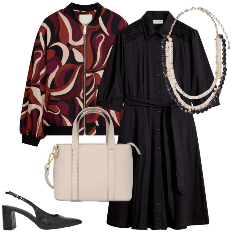 Outfit donna - Chemisier In..... Stile Casual chic per Tutti i giorni. Abbinamento con vestiti chemisier, bomber, borse a tracolla, décolleté, collane.