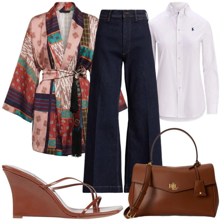 Outfit donna - Total look #2464736. Stile 70s per Tutti i giorni. Abbinamento con ciabatte, kimono, camicie, borse a mano, jeans.
