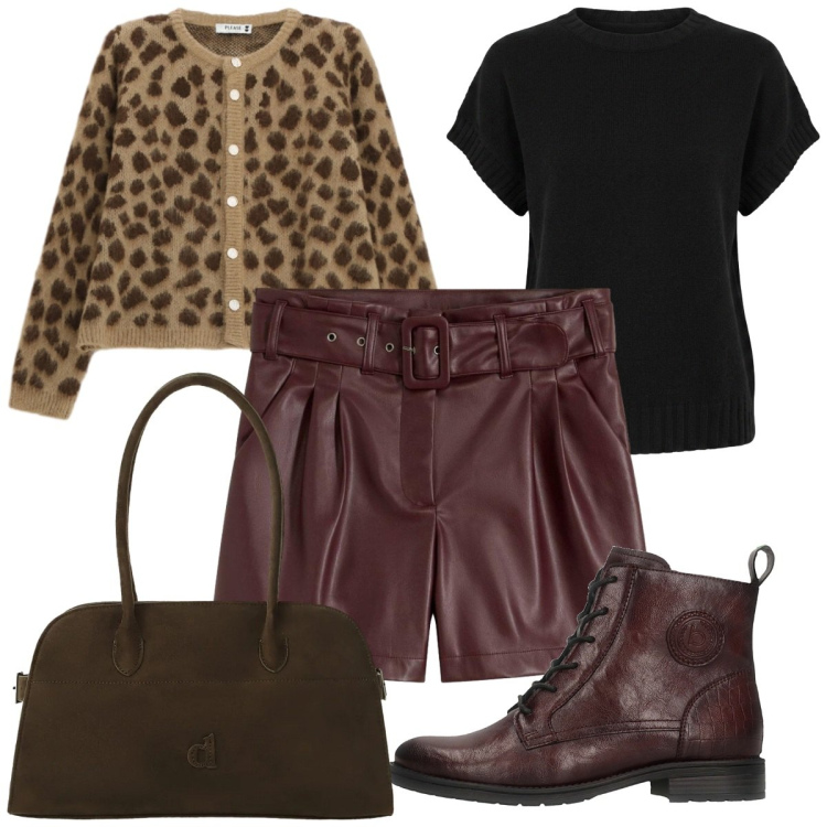 Outfit donna - Total look #2464739. Stile Trendy per Tutti i giorni. Abbinamento con shorts, borse a spalla, cardigans, maglieria, anfibi.
