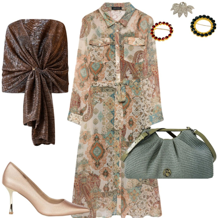 Outfit donna - Cerimonie in autunno. Stile Bon Ton per Cerimonia. Abbinamento con stole, décolleté, vestiti chemisier, clutch, accessori per capelli.