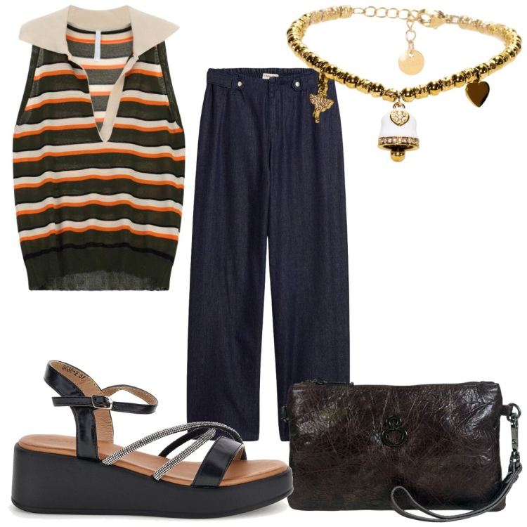 Outfit donna - Total look #2464743. Stile Trendy per Tutti i giorni. Abbinamento con jeans dritti, top, braccialetti, pochette, sandali.