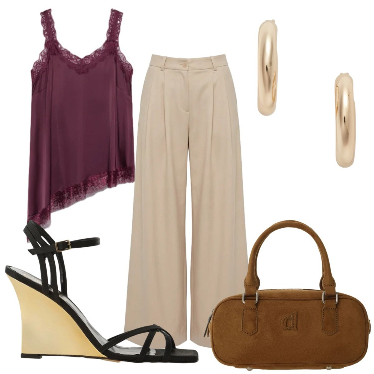 Outfit donna - Total look #2464745. Stile Chic per Serata fuori. Abbinamento con pantaloni, borse a mano, sandali col tacco, top, orecchini.