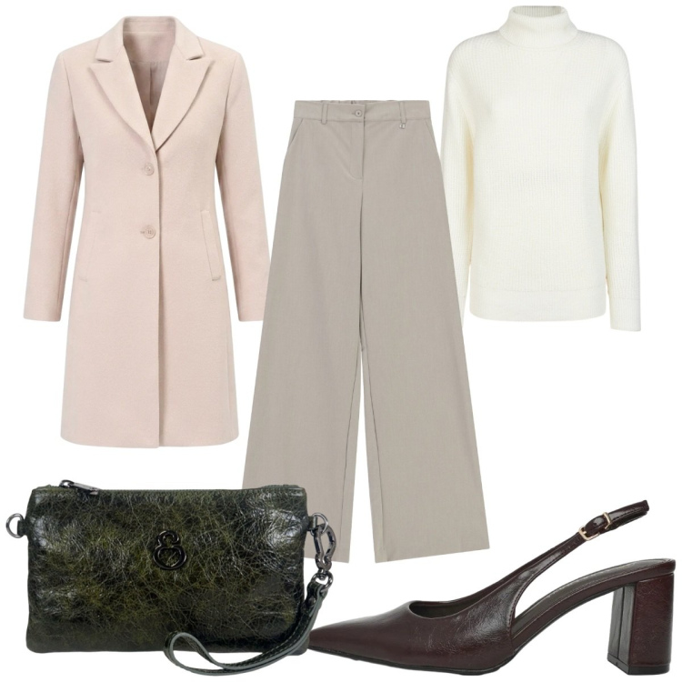 Outfit donna - Total look #2464747. Stile Casual chic per Tutti i giorni. Abbinamento con pantaloni a palazzo, décolleté, maglieria, cappotti, pochette.