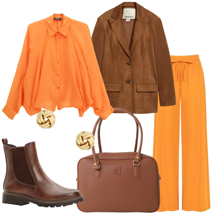 Outfit donna - Arancia e cioccolato. Stile Trendy per Ufficio. Abbinamento con blazer, stivaletti, camicie, borse a mano, pantaloni a palazzo, orecchini.