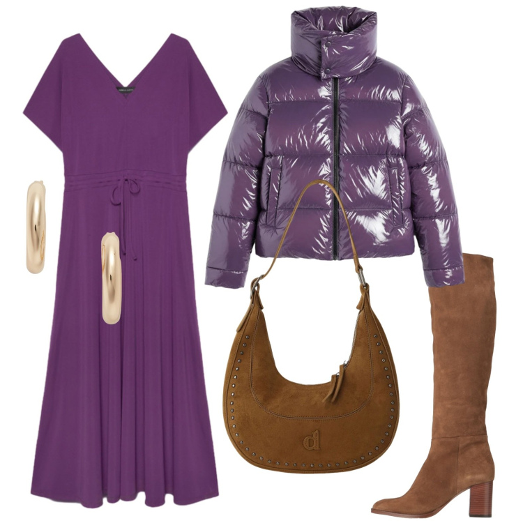Outfit donna - Serata in viola. Stile Glamour per Serata fuori. Abbinamento con stivali, borse a spalla, vestiti lunghi, piumini, orecchini.