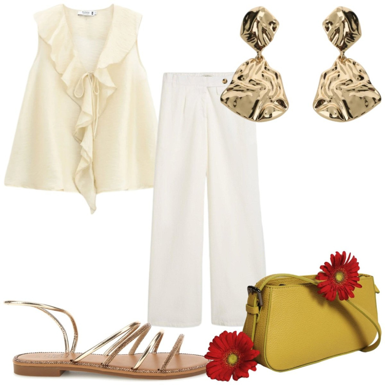Outfit donna - Total look #2464753. Stile Boho per Tutti i giorni. Abbinamento con pantaloni, top, borse a spalla, orecchini, sandali.