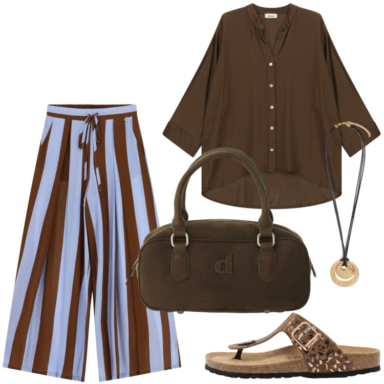 Outfit donna - Una calda giornata in città. Stile Casual per Tutti i giorni. Abbinamento con infradito, borse a mano, pantaloni a palazzo, camicie, ciondoli.