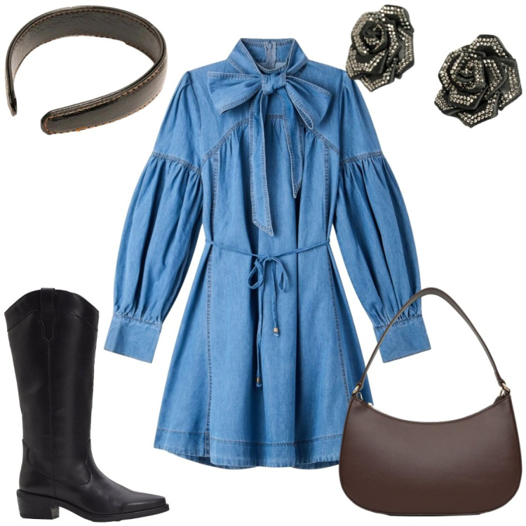 Outfit donna - Lo chemisier in jeans. Stile Romantica per Tutti i giorni. Abbinamento con stivali, vestiti chemisier, borse a tracolla, cerchietti, collane.