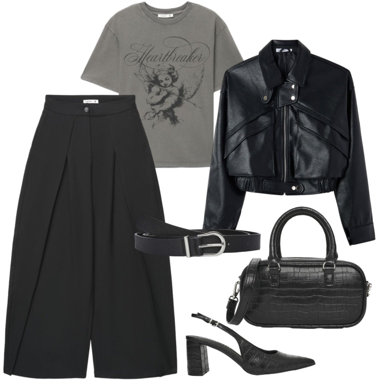 Outfit donna - Reality is calling. Stile Casual chic per Ufficio. Abbinamento con cinture, bomber, décolleté, borse a tracolla, pantaloni a palazzo, t-shirt.