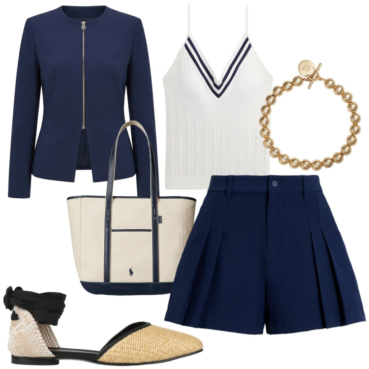 Outfit donna - Fine estate. Stile Casual chic per Tutti i giorni. Abbinamento con ballerine, blazer, braccialetti, borse tote, minigonne, canottiere.