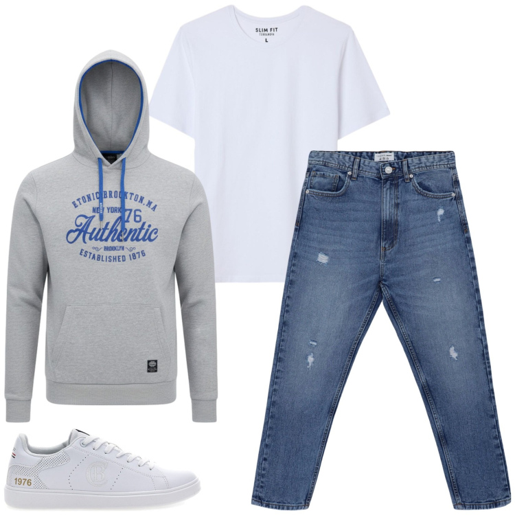 Outfit uomo - Uno spirito urbano. Stile Urban per Tutti i giorni. Abbinamento con t-shirt, jeans strappati, sneakers, felpe con cappuccio.