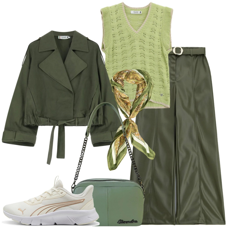 Outfit donna - Settembre. Stile Casual per Tutti i giorni. Abbinamento con pantaloni, parka, top, borse a tracolla, foulard, sneakers.