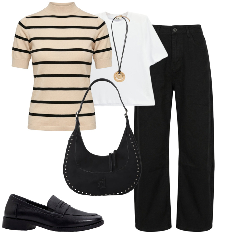 Outfit donna - Ciy. Stile Casual chic per Tutti i giorni. Abbinamento con mocassini, borse a spalla, t-shirt, ciondoli, jeans, maglieria.