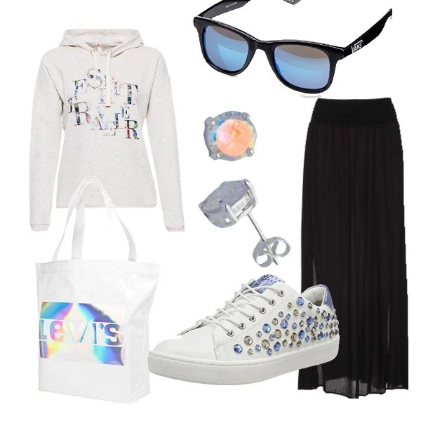 Outfit donna - Gonna e sneakers. Stile Urban per Tutti i giorni. Abbinamento con gonne lunghe, scarpe da ginnastica bianco, felpa grigio, occhiali da sole taglia unica nero, borsa tote bianco, orecchini in sterling 925 argento.